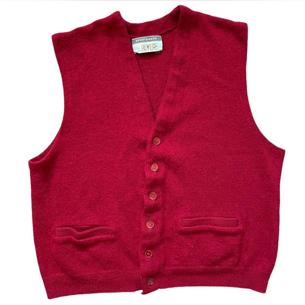 VINTAGE Preppy 70s Red Lamb's Wool Cardigan Knit Vest